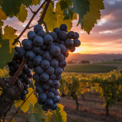 Merlot Weintrauben bei Rebe in Sonnenuntergang